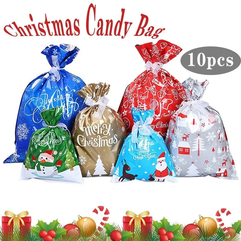 

10 шт. Рождественский подарок сумки Xmas с изображениями Санта-Клауса и снеговика, конфета-Снежинка упаковочный пакет коробки для дня рождения...