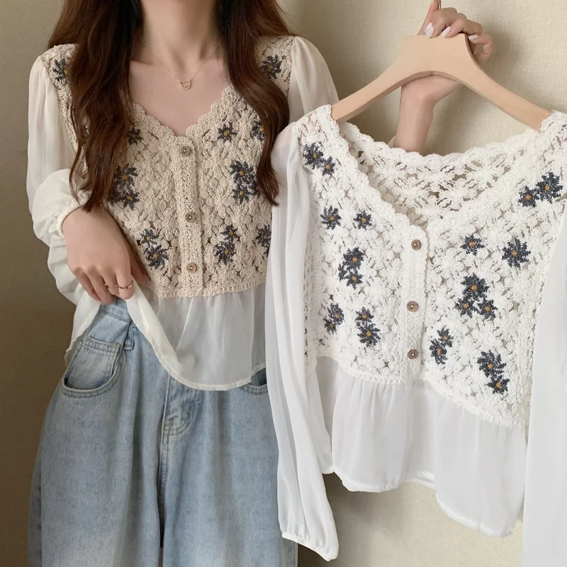 Women Summer Blouse Hollow Out Lace Embroidered Chiffon Shirt Small Camisole Lace Stitching Knit Bottoming Tops Korean Style