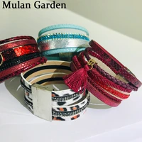mg fashion personality pu leather bracelets red black leopard zircon tassel punk bracelet bangle women jewelry accessories gift