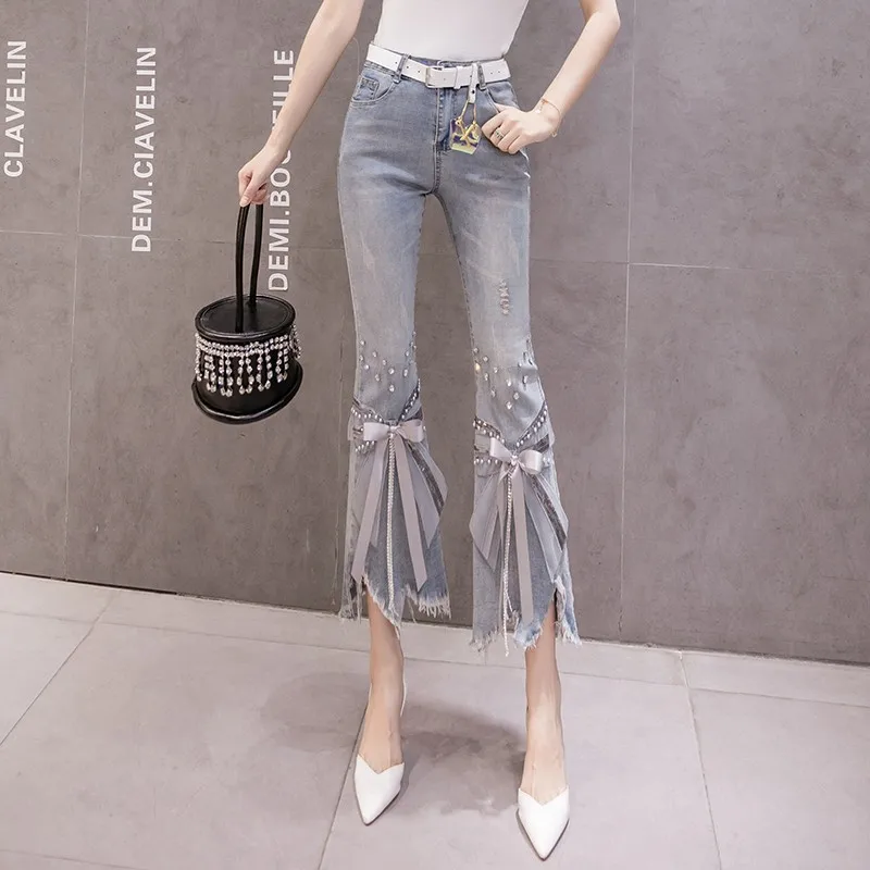 Женские джинсы бойфренд с высокой талией Стразы бусина бантиком нестандартные