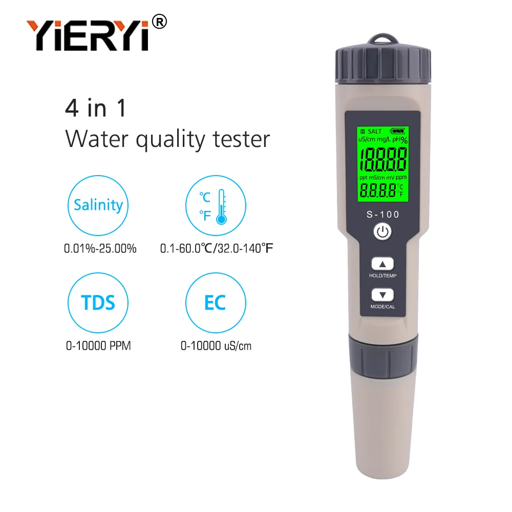 Yieryi 4 в 1 соль/EC/TDS/TEMP метр S-100 соль метр тестер солености водонепроницаемый соленомер датчик качества воды измерительный инструмент