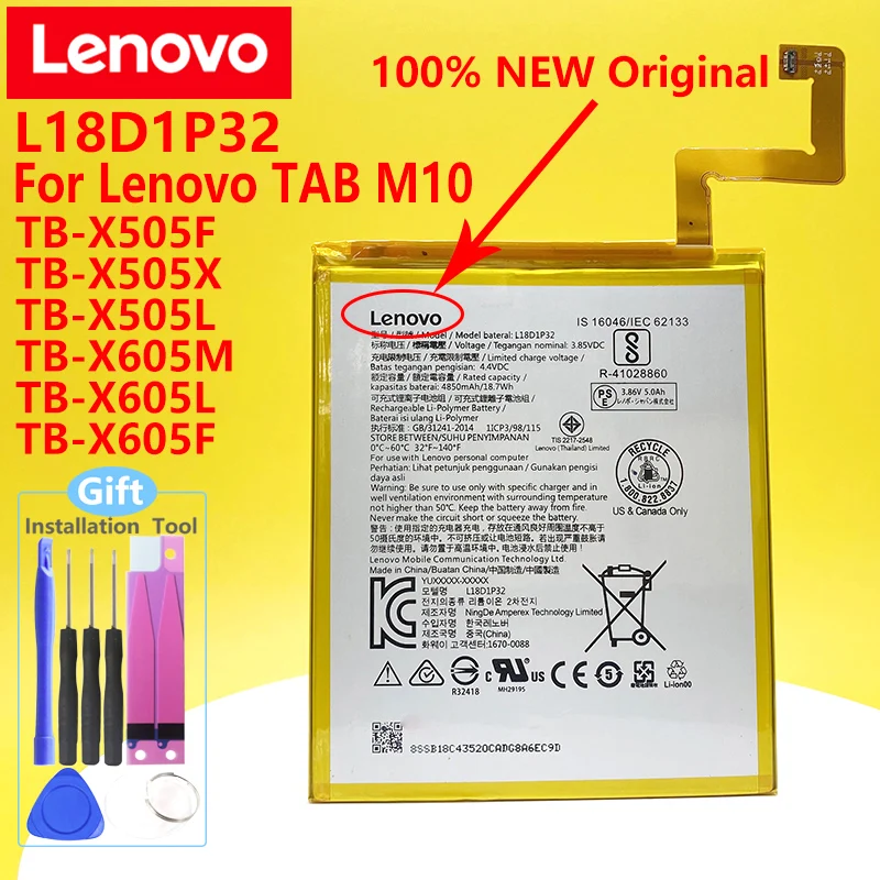 New Original Lenovo TAB M10 Battery/TB-X505F/TB-X505X/TB-X505L/TB-X605F/TB-X605M/TB-X605L L18D1P32 4850mAh Tablet Batteries