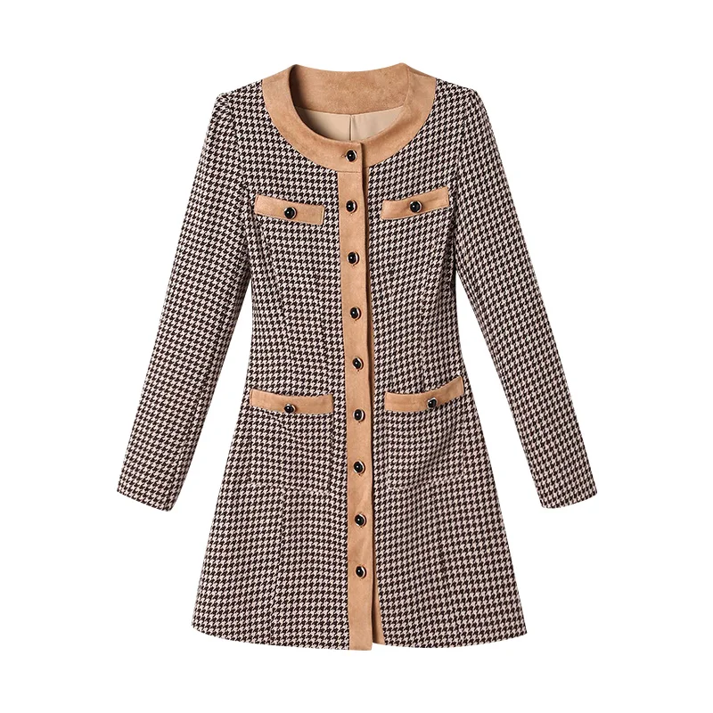 

Hong Kong Style Retro Long Sleeve Dress Female Autumn Winter New Women's Houndstooth Single Breasted Stitching Slim A-Line Dress