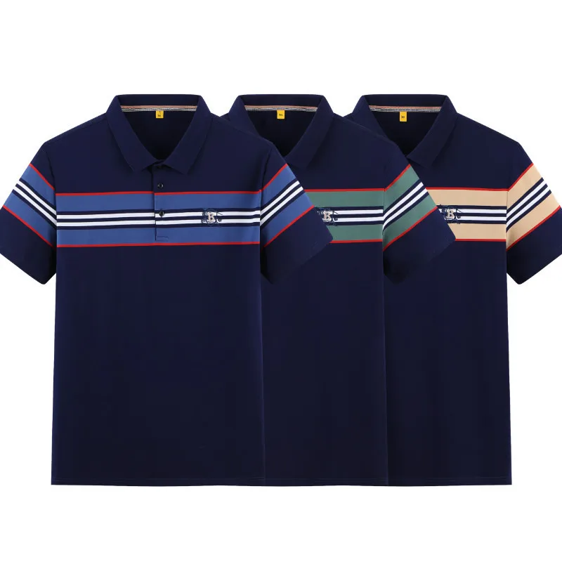 

Summer 2021 new men's fat plus large fashion casual Lapel stripe color matching short sleeve T-shirt
