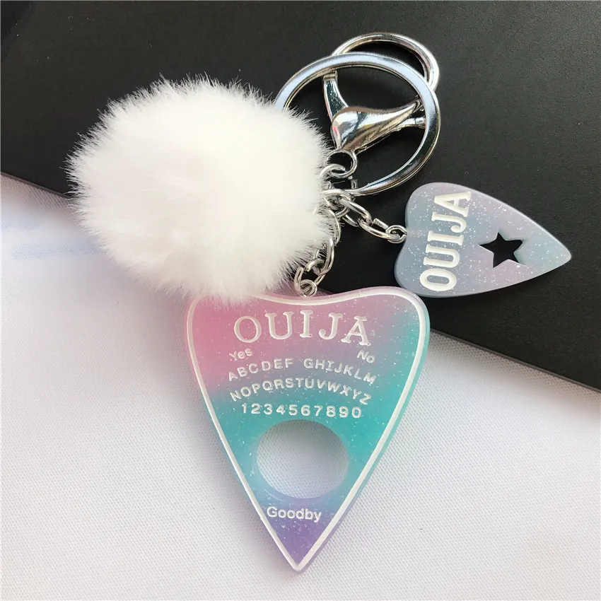 

1PC Women Keychain Fashion Glitter Ouija Planchette Board Flatback Resin Charms Handbag Keyring with Puffer Ball