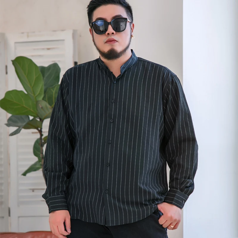 7XL 8XL 9XL 10XL Мужская рубашка в полоску с длинным рукавом и стоячим воротником Классическая рубашка высокого качества свободная китайская стильная верхняя брендовая одежда