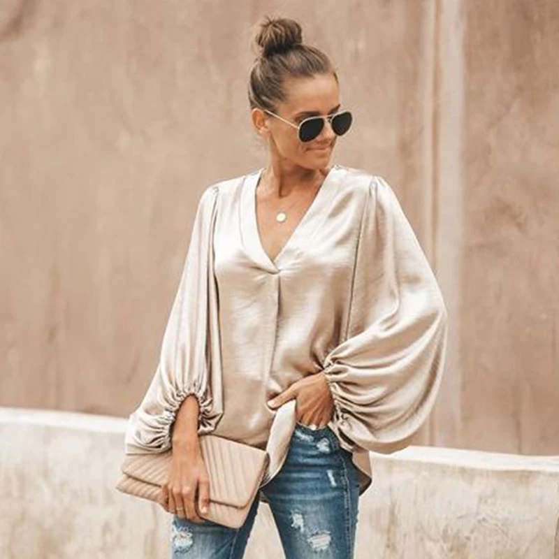 

Women Spring Office Lady Blouse V-neck Lantern Sleeve Elegant Female Shirt Ladies Outwear Loose Casual Blusas