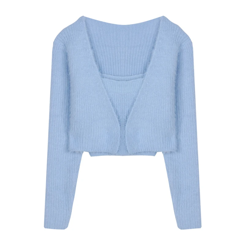 

Short Tops Long Sleeve Casual Camis and Cardigans Suit Spring 2 Piece Set Ribbed Knitted Women Cardigan + Camisole Outfits Slim