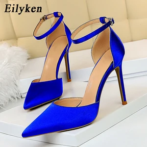 Eilyken New Elegant Women Pointed Toe Satin Red Wedding Party Buckle Strap Silk Thin High Heel Female Shoes Large Size 43
