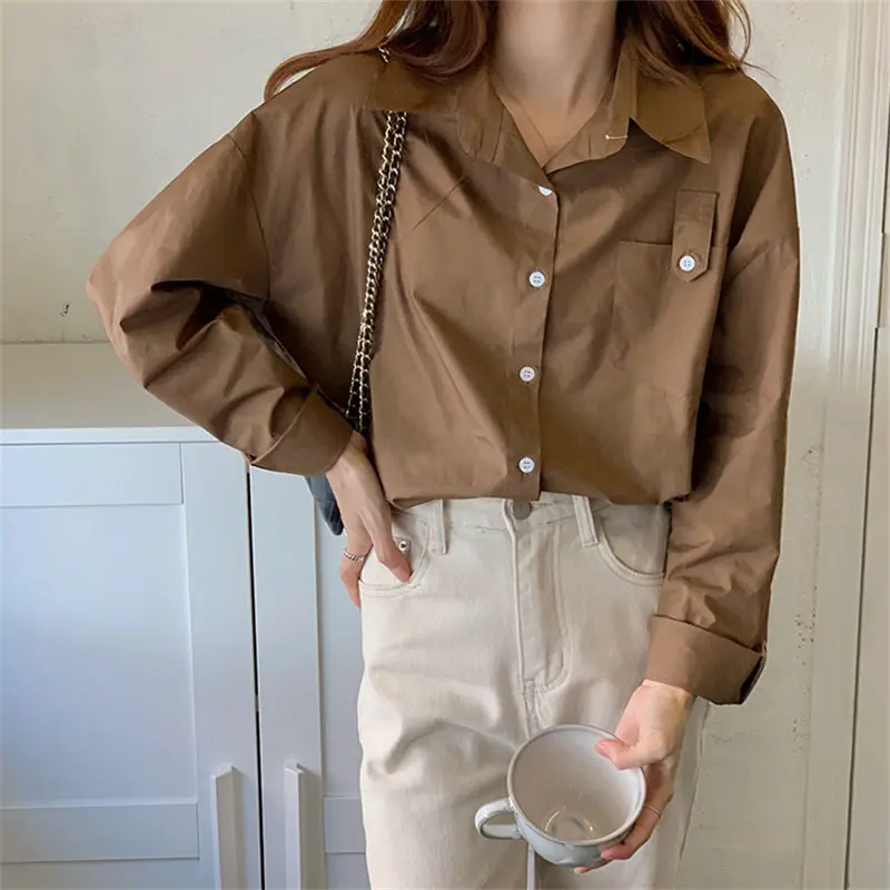 

HziriP OL Lapel Streetwear Hot Chic Solid Gentle Hot Casual Tops 2021 Vintage All Match Office Lady Women Loose Elegance Shirts