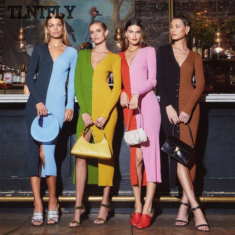 

Модное двухцветное Хлопковое трикотажное платье-макси TLNTFLY для женщин осень 2021 облегающее пикантное вечернее платье с V-образным вырезом на...
