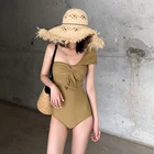 Сексуальный цельный купальный костюм-бандо, Женская однотонная одежда для плавания, монокини на одно плечо, купальный костюм с подкладкой, плиссированный трикини, купальный костюм с бантом