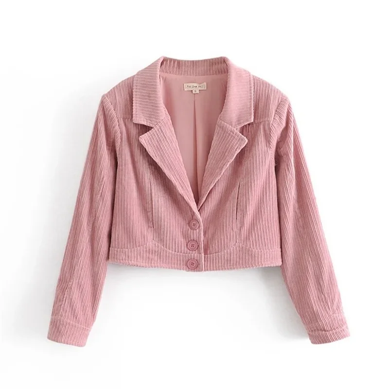 Pink Girly Sweet Kawaii Jacket Spring New Retro Corduroy Slim Small Suit Simple Single-breasted V-neck Casual Office Clothing