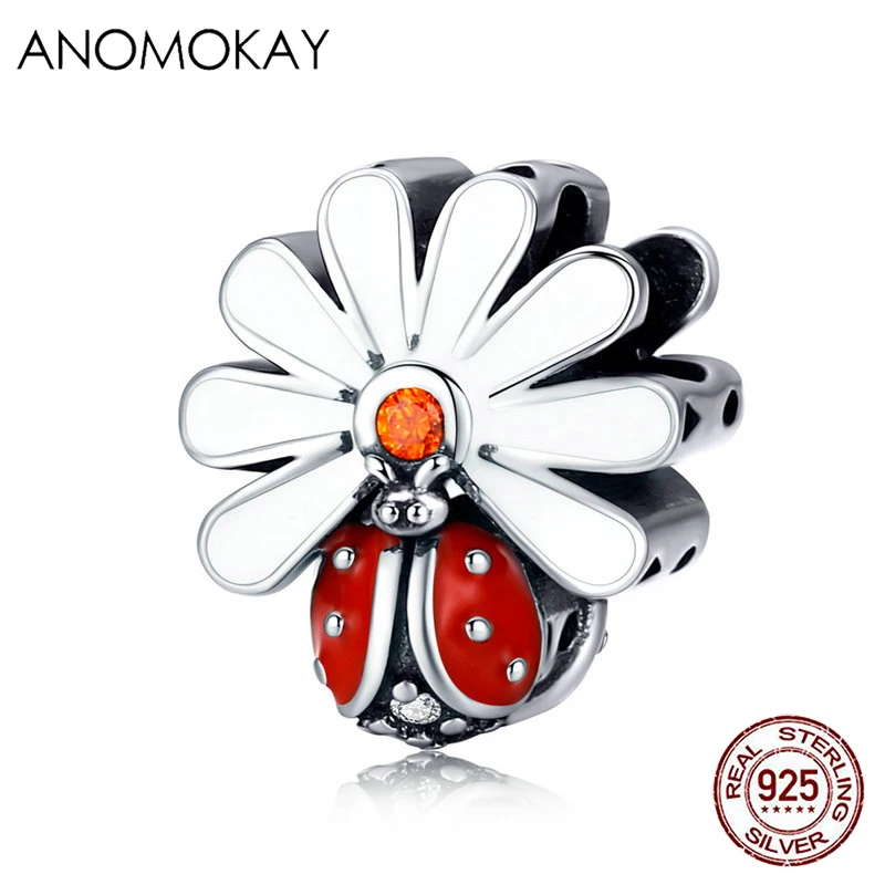 

Anomokay красочные эмалевая Божья коровка Маргаритка цветок очарование подходит для женщин браслет 100% Серебро 925 пробы растения и животных Бус...