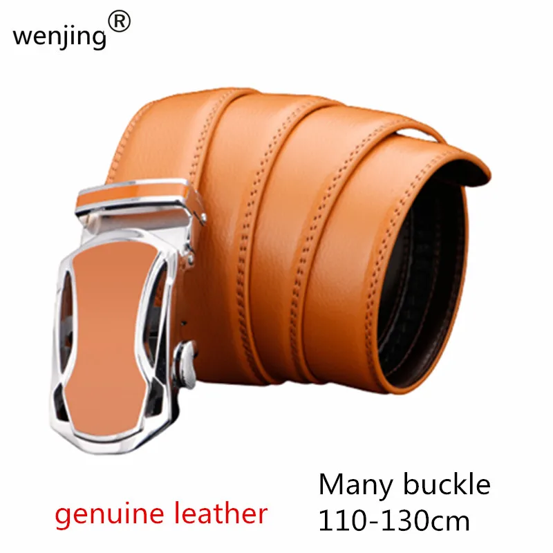 wjB20B1    YELLOW 130cm  110cm men brown cowhide calf skin car design buckle genuine leather belt