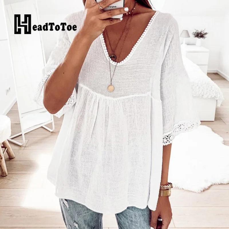 

Solid Crochet Hallow Out Casual Tops Women Half Sleeve Round Neck Loose Pullover Women