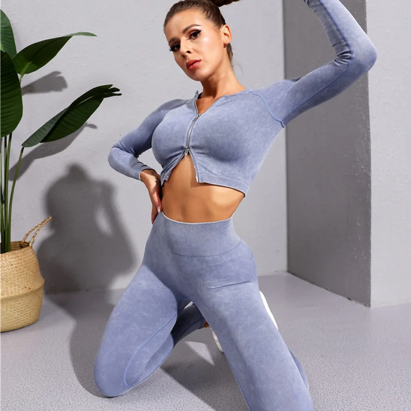 

Seamless Yoga Sets 2pc Shorts Fitness Suit Short Sleeve Set High Waisted Leggings Sand Washing Imitation Denim Sport Suits