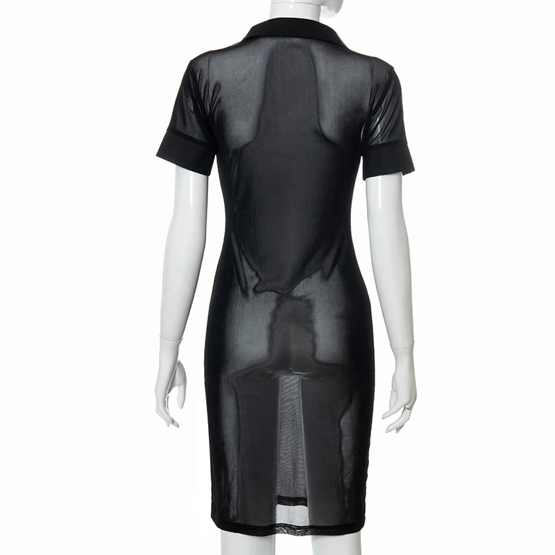 

Bomblook Sexy Party Club Bodycon Dresses For Women's 2021 Summer Clothing Turn Down Collar Mesh Mixi Dress Female Streetwears