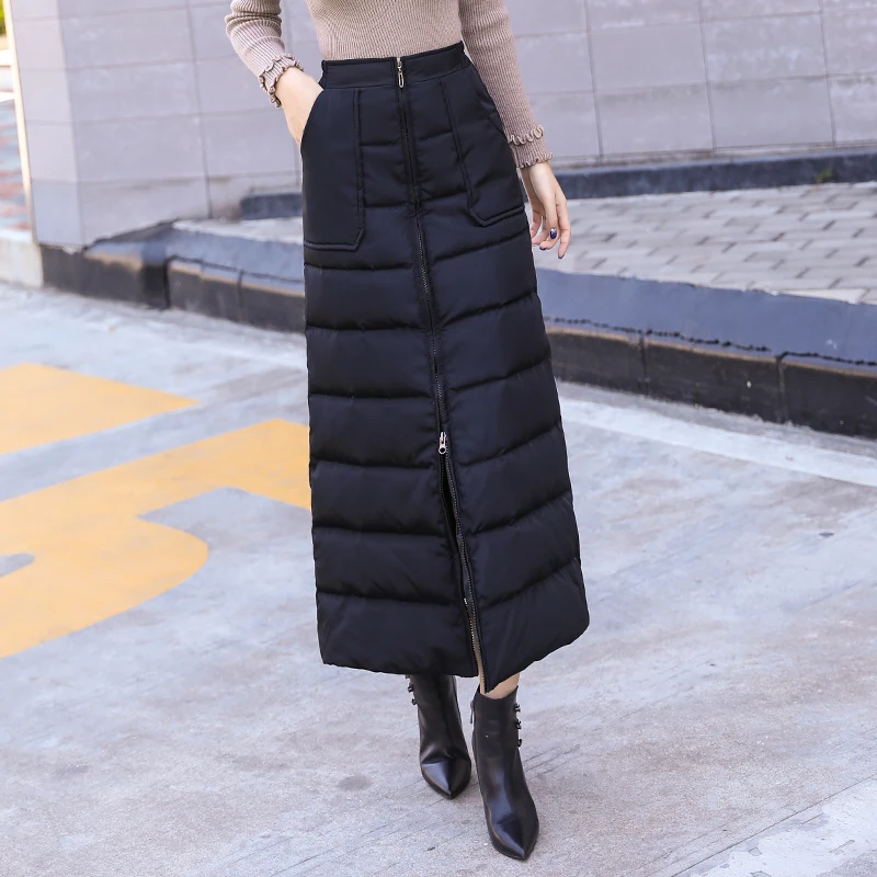 

M-5XL Women's Skirts Fashion Winter Skirt 2021 New Windproof and Warm Zipper Down Cotton Skirt Large Size Black Skirts