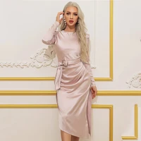 pink tea length bow cocktail dresses elegant satin pleated long sleeve prom party gowns for woman luxury mermaid pretty dress