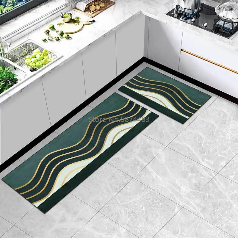 

Modern Green Bottom Golden Curve Strip Stitching Kitchen Mat Combination Entry Mat Bedroom Non-slip Bedside Blanket