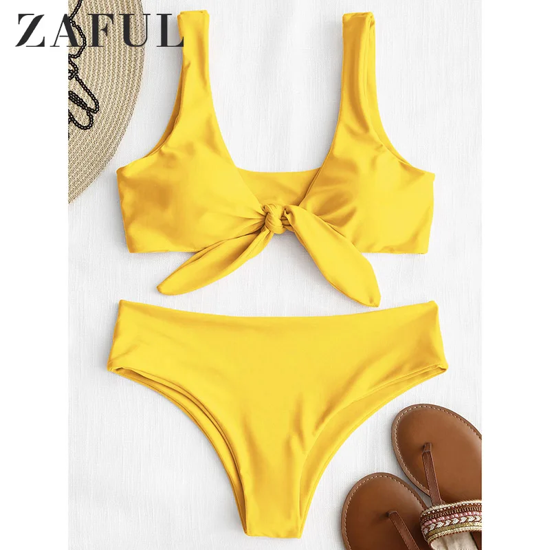 ZAFUL, бикини, с подкладкой, спереди, с узлом, комплект бикини, для женщин, на бретелях, Одноцветный купальник, сексуальный, для женщин, желтый, купальник, розовый, купальный костюм, пляжная одежда