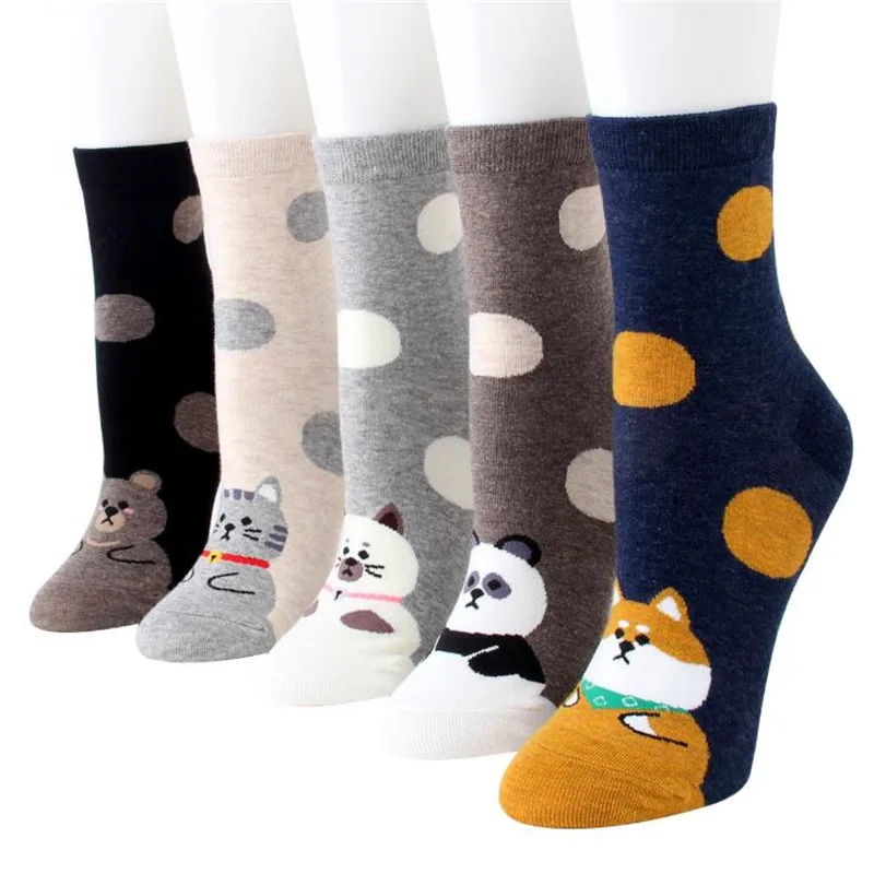 

5Pairs/Set Women Animal Cotton Socks Kawaii Cartoon Cat Dog Bear Patterned Female Ladies Funny Retro Harajuku Tube Socks