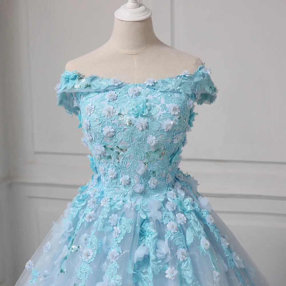 Женское свадебное платье с открытыми плечами Белое Бальное цветами и блестками