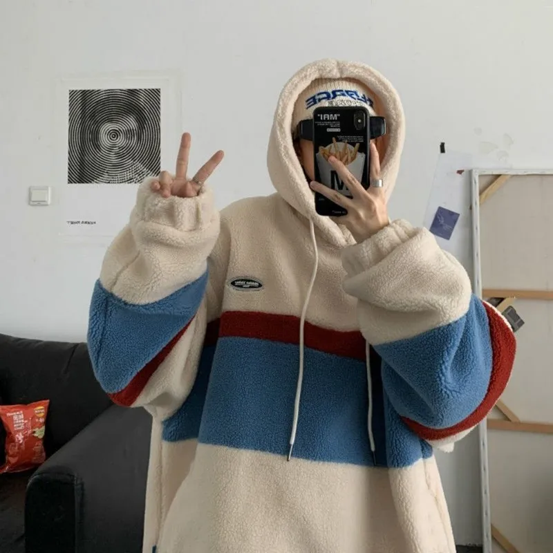 

FAKUNTN 2022 Korea Fashion Fleece Hoodies Men Patchwork Stripe Hooded Sweatshirts Male Loose Coats Student Casual Tops Pullover