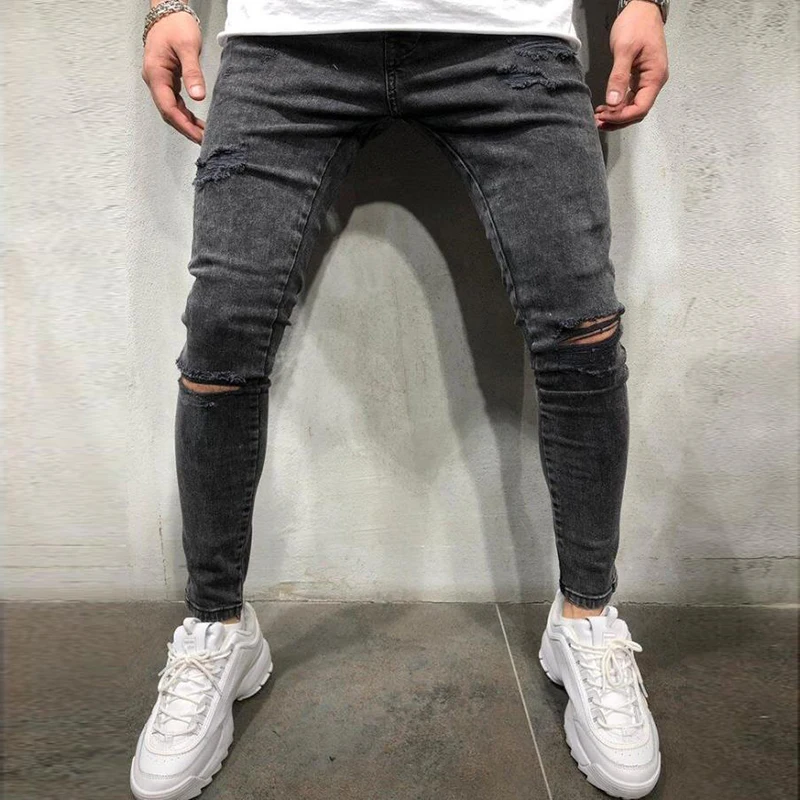 Streetwear Black Pants Knee Ripped Skinny Jeans for Men Hip Hop Elastic Waist Male Casual Destroyed Hole Stretch Denim Trousers