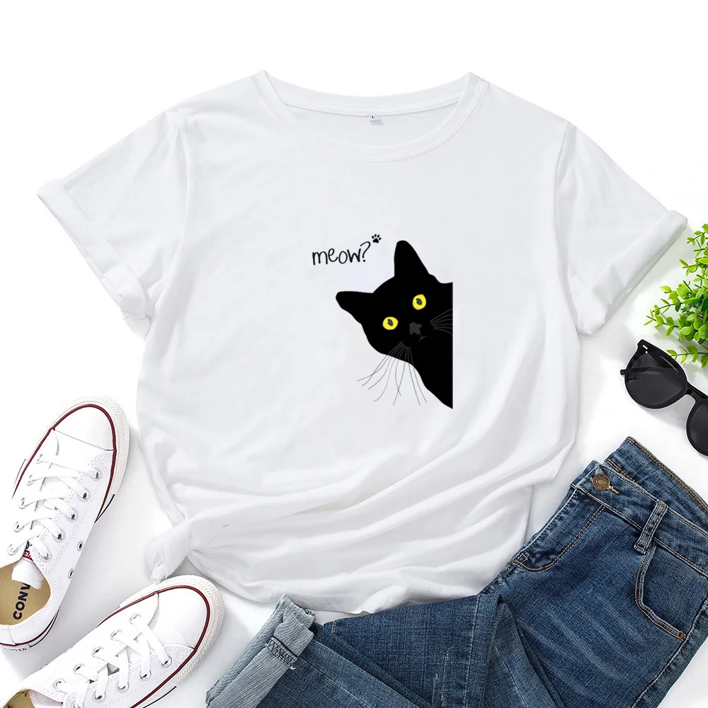 

Meow T-shirt Women Cute and Funny Cat Graphic Print Tee Women Clothes Top Casual Women Short Sleeve Hipster Graphic T Shirt