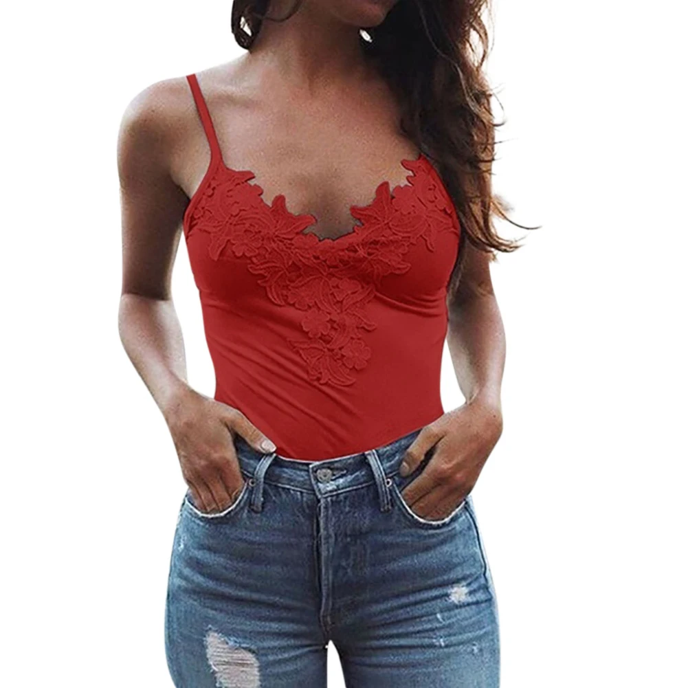Женский сексуальный однотонный кружевной топ без рукавов с v-образным вырезом