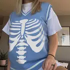 Осенне-зимний свободный свитер Y2K свободная с рисунком черепа с принтом скелета, трикотажная блузка с V-образным вырезом, Повседневный свитер без рукавов с рисунком ромбиками