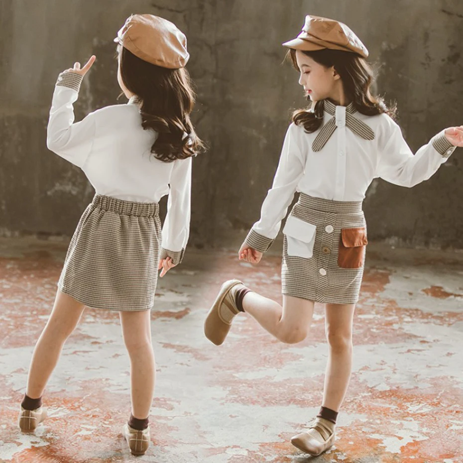 Одежда для девочек Лоскутные блузки и юбки костюмы клетчатая юбка строгие