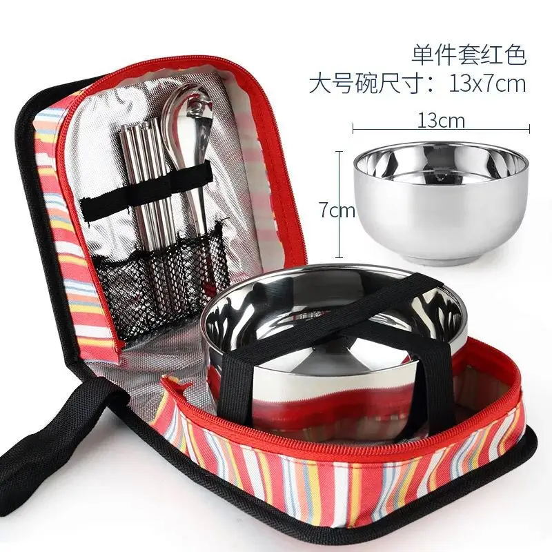 

Student Children Tableware Set Single Travel 304 Stainless Steel Bowl Portable Three-piece Outdoor Tableware with Lid