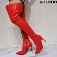 kolnoo new 2022 style womens high heel boots red faux leather real photos sexy party prom over knee boots fashion winter shoes