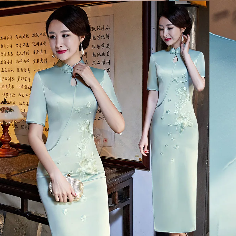 Новое Элегантное зеленое традиционное китайское женское винтажное платье-Ципао