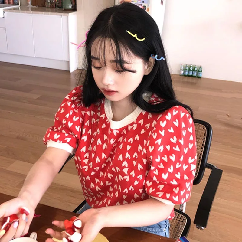 

Korejpaa Women T-shirt 2021 Summer New Korean Fashion Chic Sweet Round Neck Small Love Print Loose Bubble Sleeve Tee Top Female
