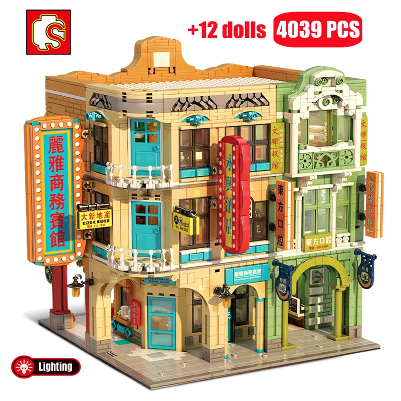 

SEMBO City Architecture Hong Kong Style Snack Shop Classic Building Blocks Street View LED House Figure Bricks Toys For Children