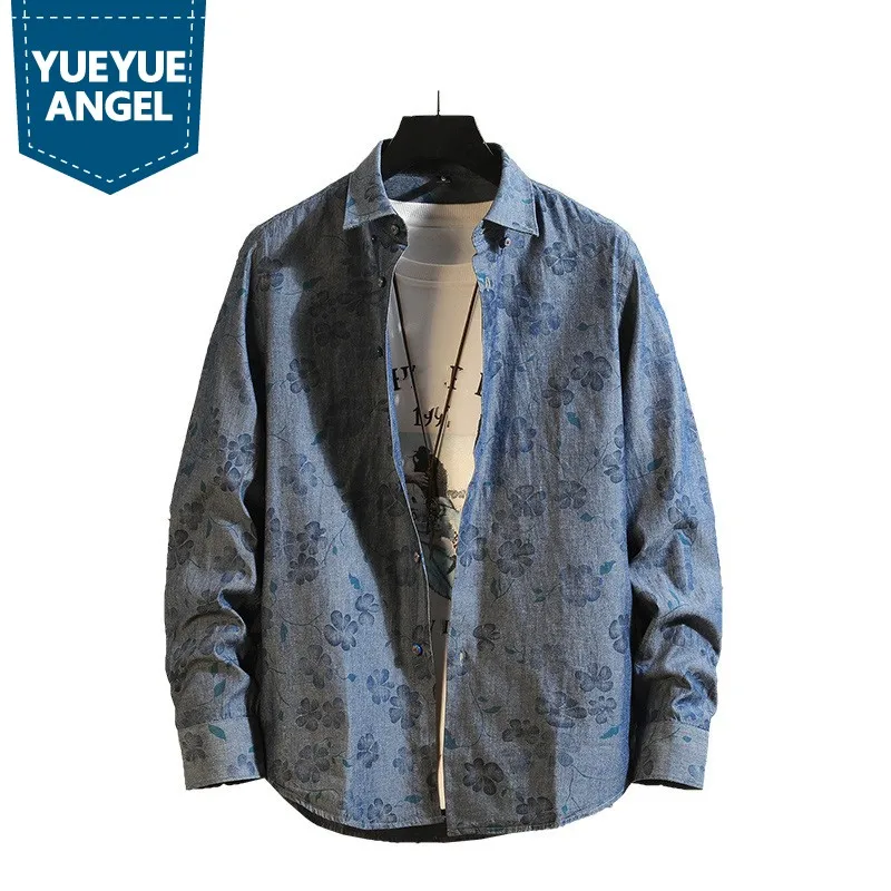 

2022 Spring Autumn New Long Sleeve Casual Shirt Mens Outerwear Print Slim Korean Style Fashion Turn-Down Collar Straight Blouse