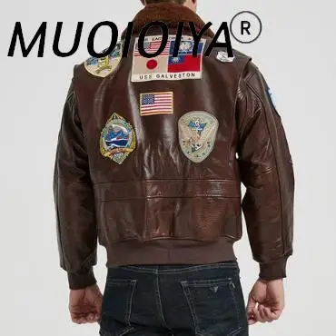 

2021 коричневый военный стиль натуральная пилот кожаная куртка в европейском стиле Размеры шерстяной воротник из натуральной коровьей кожи ...