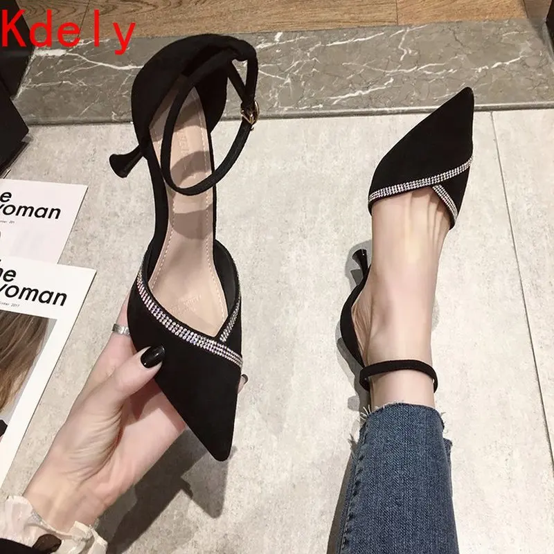 

Туфли на высоком каблуке женские модные туфли стразы на высоком каблуке Весна 2021 новые замшевые туфли на высоком каблуке с острым носком