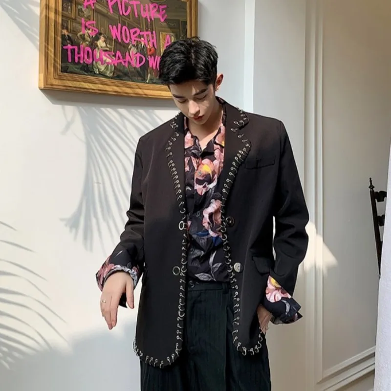 

Vintage Designer Blazer Men Street Metal Decoration Hip-Hop Coat Autumn New Square Collar Single Breasted Black Suit Jacket