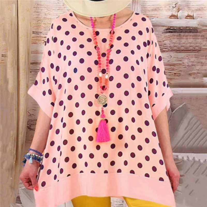 Женские повседневные свободные футболки в горошек с круглым вырезом длинные