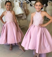 sweet pink flower girls dress sexy halter backless high low satin formal kids wear vestidos long wedding party gown