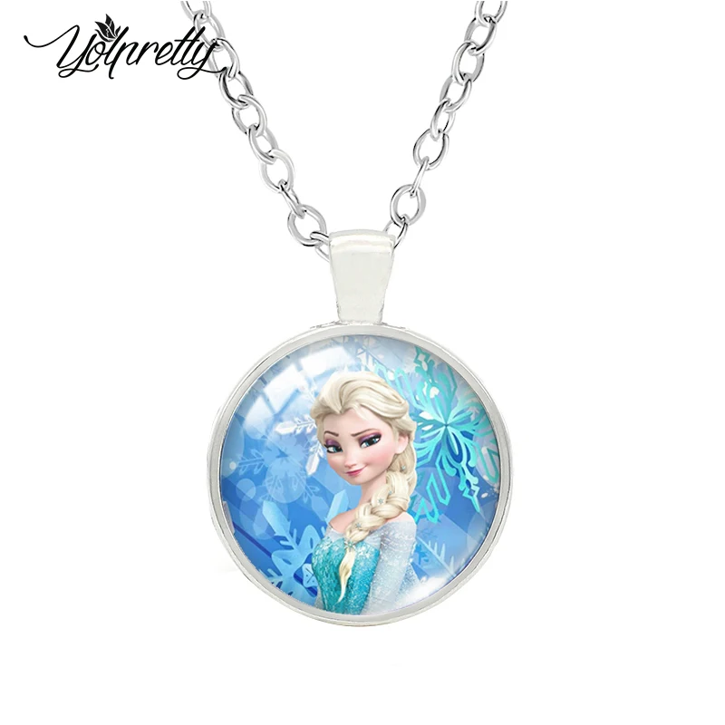 Snow Queen Elsa and Anna Cartoon Paintings Glass Cabochon Necklace Fashion Necklace Pendants Jewelry
