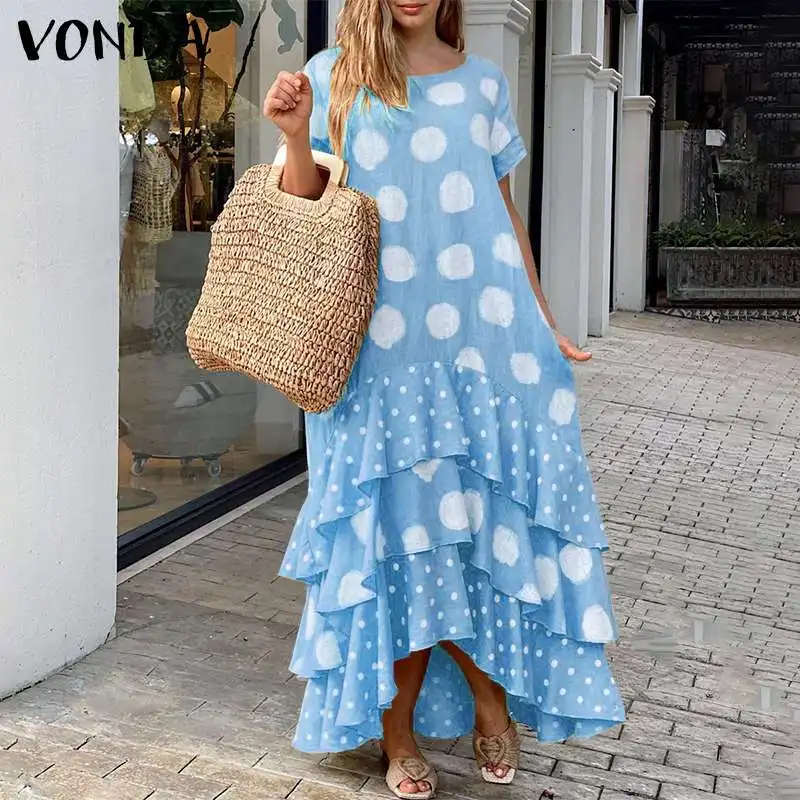 

VONDA Women Summer Dress Ladies Short Sleeve Polka Dot Print Dresses Irregular Hem Party Ruffled Long Robe Bohemian Vestidos