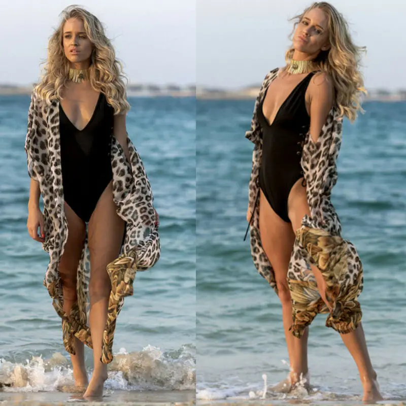 

Women Summer Chiffon Leopard Print Cover-Ups Bikinis Beach Dress Sunscreen Bikini Cover Up beachwear