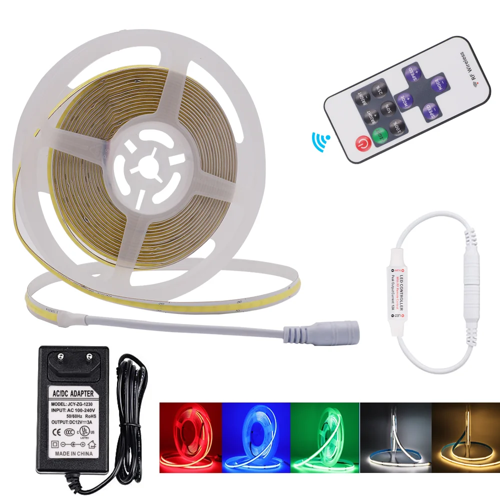 

COB LED Strip DC12V Dimmable Flexible Led Light Lamp 320 384 528 LEDs High Density FOB Linear Ribbon + 11Key Dimmer + EU/US Plug