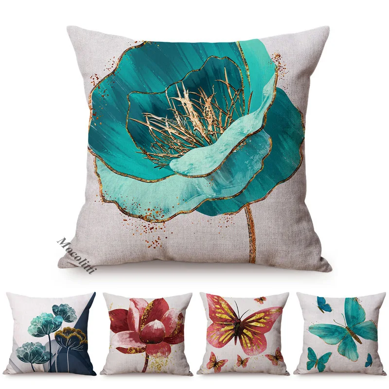 

Нефритовый Зеленый Золотистый металлический Цветочный и бабочка современное искусство идеальный домашний Декор диванная Подушка Чехол Роскошная льняная наволочка для подушки